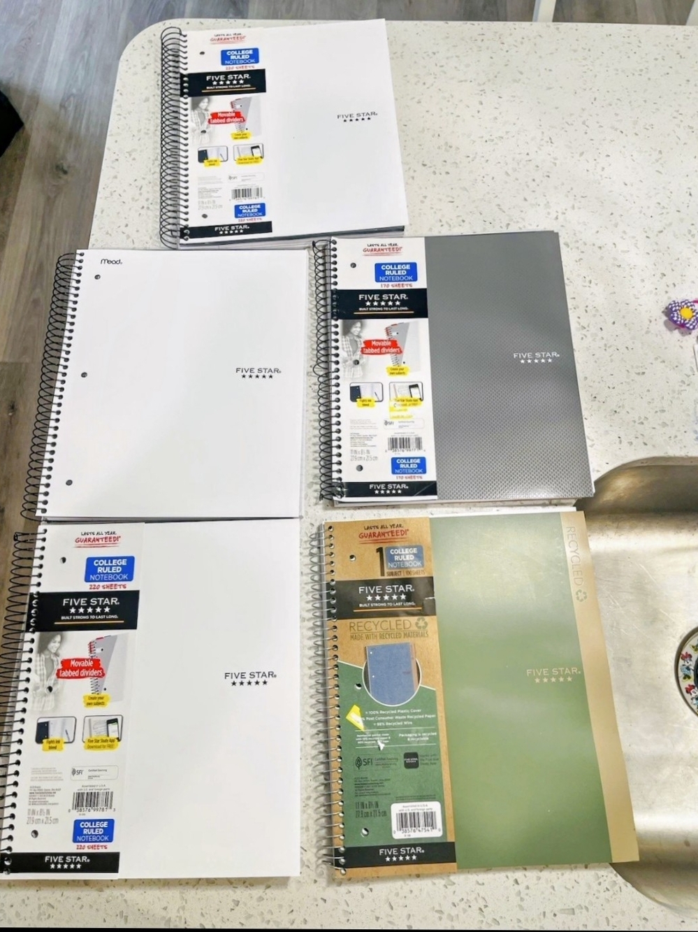 Set 5-Five Star Spiral Notebook Set in White, Gray, Green